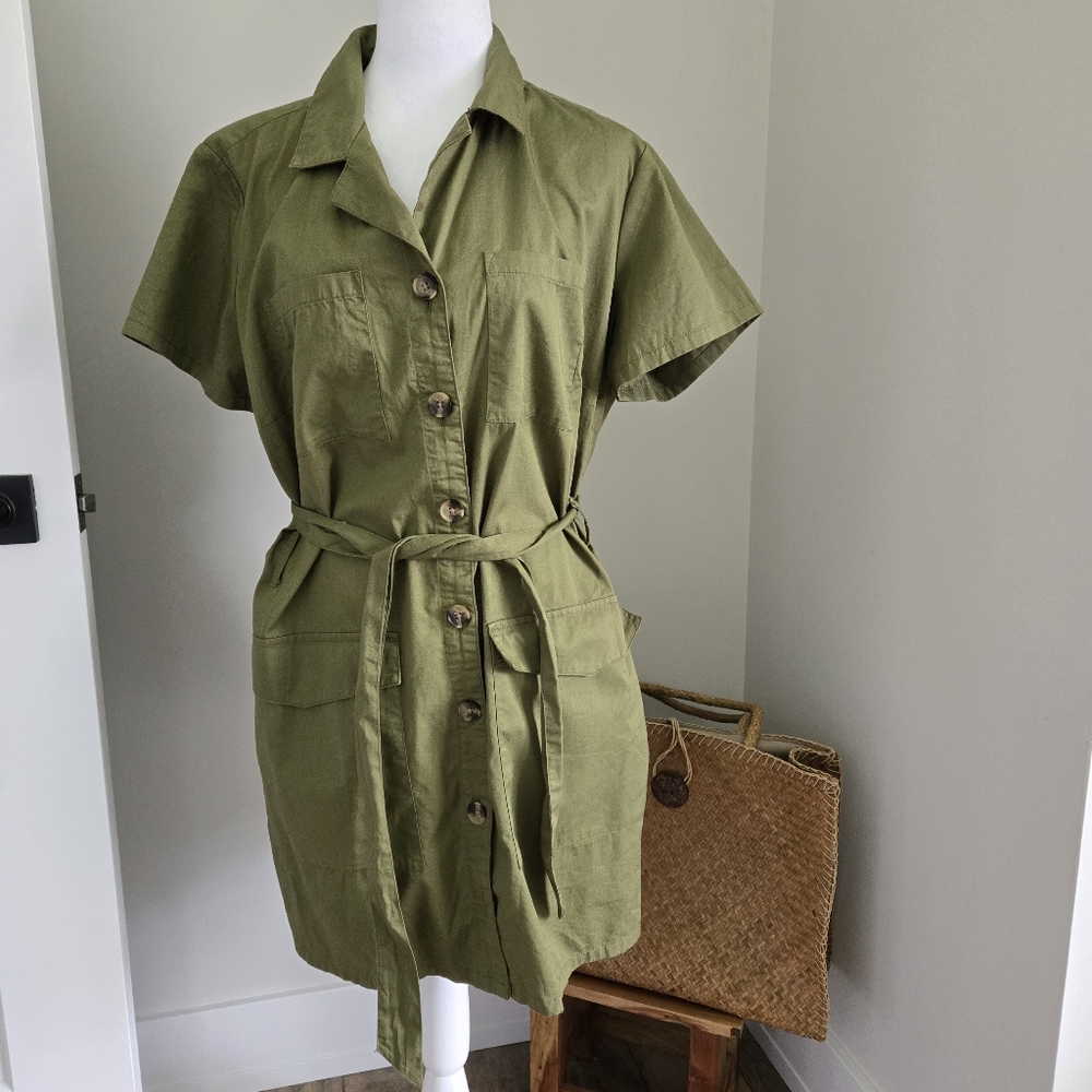 A.n.a Olive Green Womens Size Large Cotton Button-Up Shirt Dress